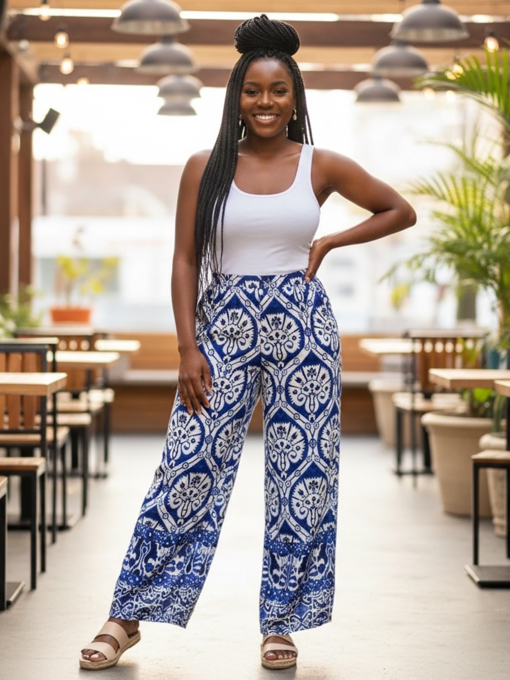 Haute Hippie Blue & White Wide-Leg Printed Palazzo Pants